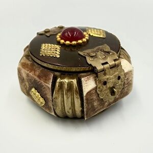 Vintage Camel Bone & Brass Trinket Box Handmade Carved 2X2 Jewelry Box